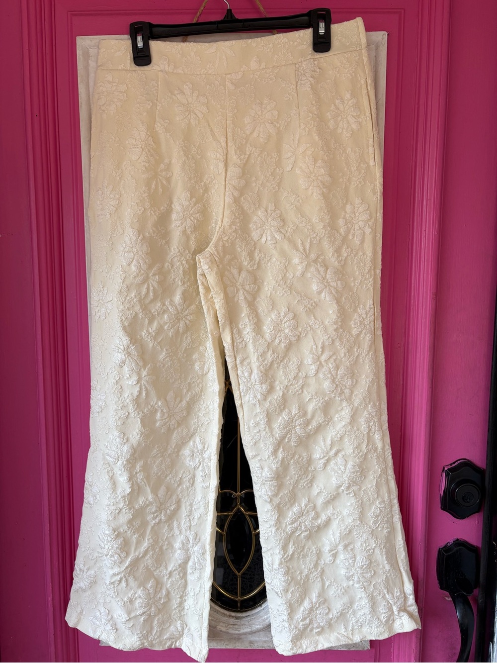 Cream Floral Jacquard Boot‑Cut Pants